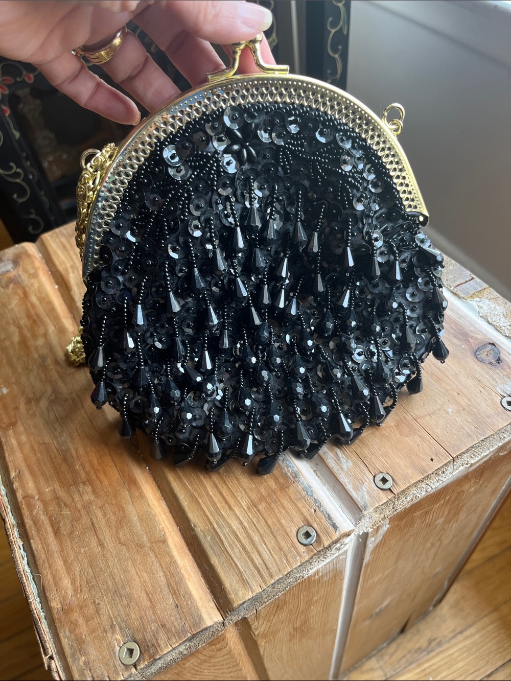 Elegant Black Beaded Evening Bag with Gold Frame
